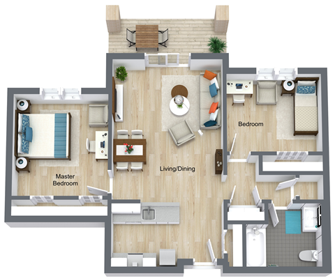 Floor plan for 2 beds, 1 bath, 939 sqft
